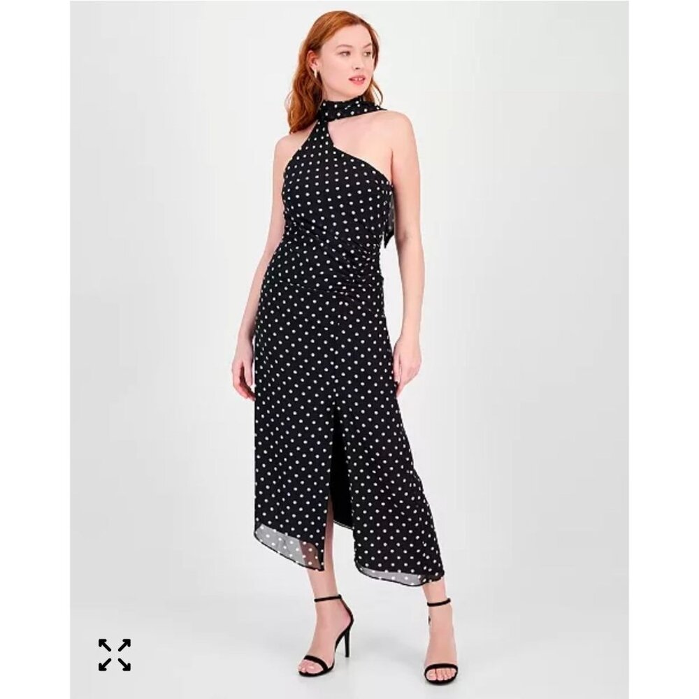 Rachel Roy Black & White Polka Dot One-Shoulder Draped Midi Dress Size 14